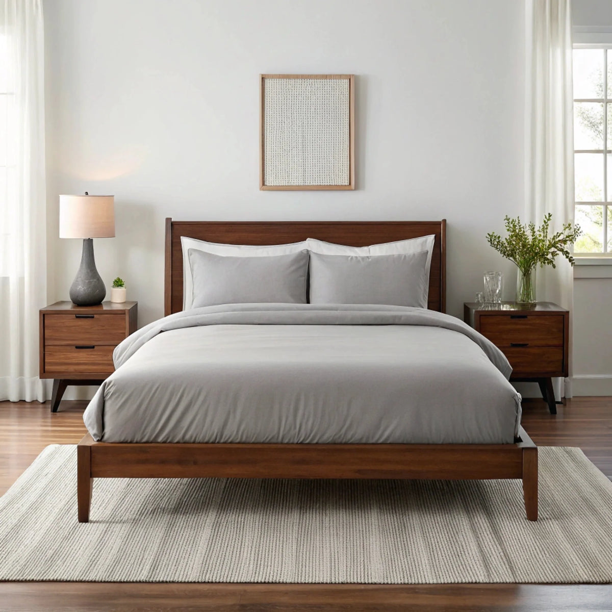 Copper infused bamboo sheet set from Bamboo is Better in feather gray, shown on a full bed in a cozy walnut bedroom setting.
