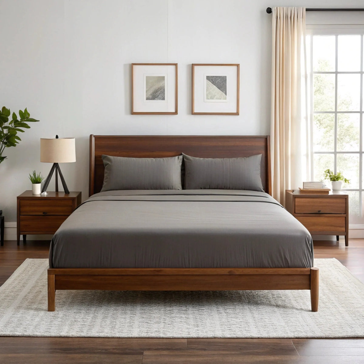 Copper infused bamboo sheet set from Bamboo is Better, shown in graphite gray, displayed on a bed in a cozy walnut bedroom.